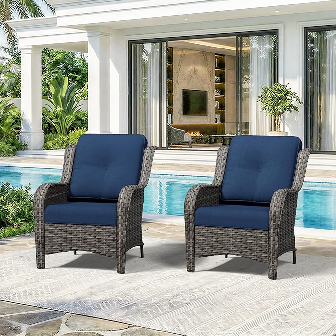 Patio Chairs Set of 2, Outdoor Wicker Patio Furniture Set with Thickened Olefin Cushions, High Back and Deep Seating, Wide Curved Armrest Hand-Woven PE Rattan for Porch, Deck, Blue