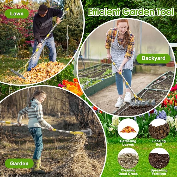 2-in-1 Thatch Rake for Lawn 70" Long Stainless Steel Thatching Rake with Sharp Dethatching Blade Manual Dethatcher & Scarifier Tool for Dead Grass Removal,Soil Loosening Garden Yard Lawn Care