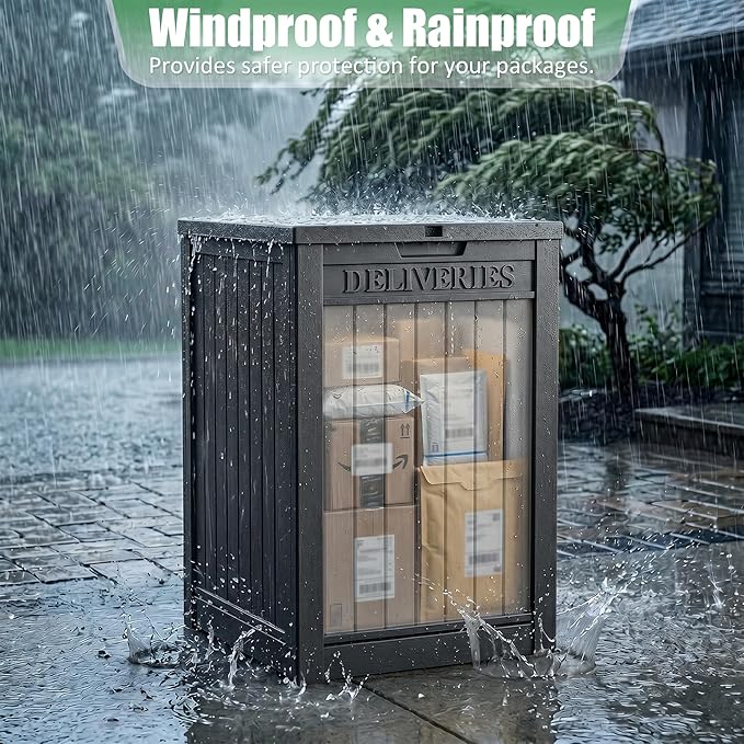 EasyUp Package Delivery Boxes for Outside, 55 Gallon Outdoor Parcel MailBox Drop Storage Deck Box Secure Resin Waterproof Lockable UV Resistant Patio Porch Mail Black
