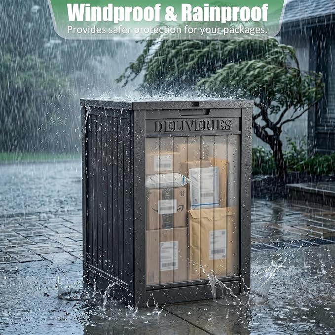 EasyUp Package Delivery Boxes for Outside, 55 Gallon Outdoor Storage Deck Box Parcel MailBox Drop Secure Resin Lockable UV Resistant Waterproof Mail Porch Patio Black