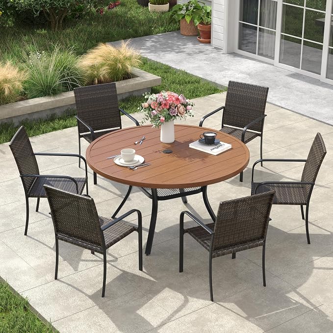 VICLLAX 7 Pieces Patio Dining Set, 6 Stakable Wicker Outdoor Chairs and 47" Patio Round Metal Table with Umbrella Hole for Backyard Lawn Deck, Walnut Tabletop