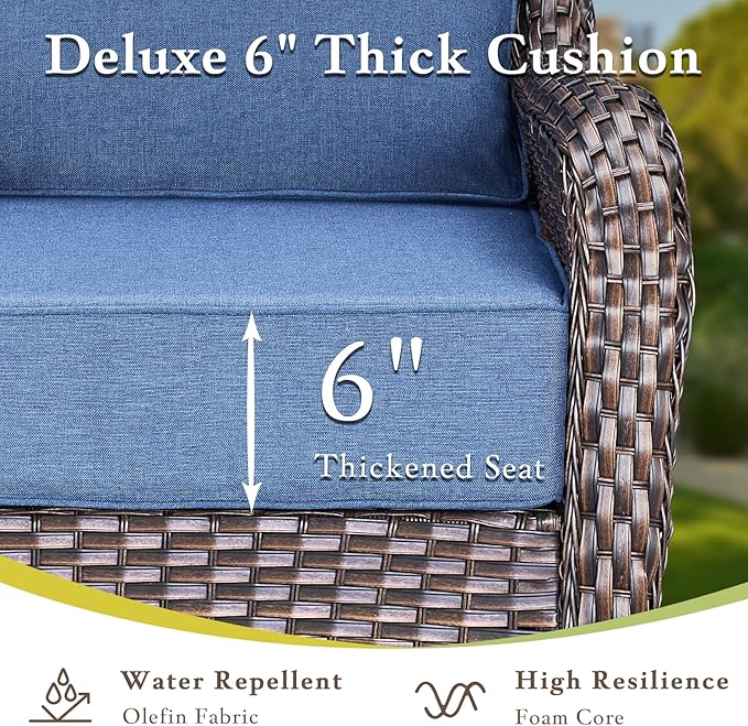 Luxury High Back Outdoor Furniture with 6-inch Extra Thick Cushions, Patio Furniture Set with Fire Pit Table & Swivel Chairs, 9 PCS Wicker Conversation Set for Yard, Deck, Poolside, Brown/Blue