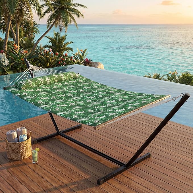2 Person Portable Double Hammock with Stand, Outdoor Quilted Polyester Padded Hammock with Pillow, Adjustable Steel Hammock Stand for Patio, Garden, Beach, Backyard, Camping
