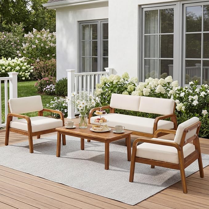 Christopher Knight Home 4 Piece Outdoor Conversation Sofa Set with Coffee Table, Acacia Wood Patio Furniture Set with Cushions, Loveseat 2 Chairs and Table, Teak Finish Outdoor Seating Set