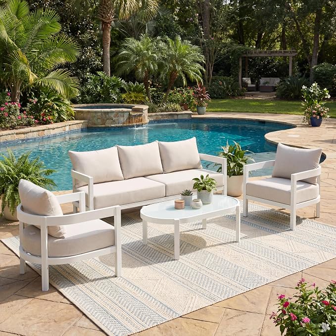 Christopher Knight Home Lula 5-Seater Patio Furniture Set with Coffee Table, 4 Piece Outdoor Conversation Set with Cushion, Aluminum Outdoor Sectional Sofa Set, White+Beige