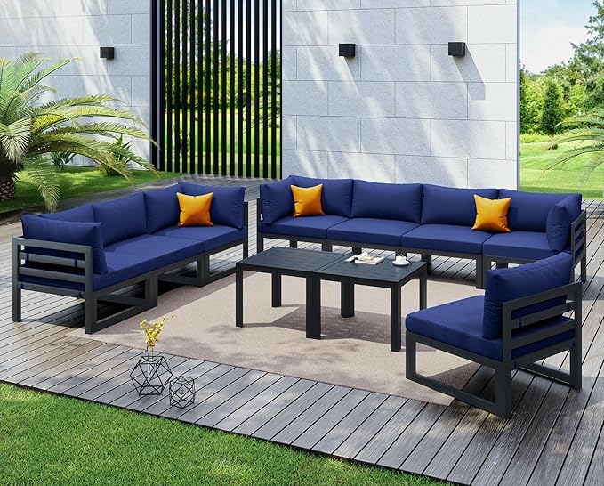 NICESOUL 10 Piece Oversized Modern Aluminum Patio Furniture Set, All Weather Rust Resistant Modular Sectional Sofa with Side Table, 500 lbs Heavy Duty Comfortable Outdoor Couch for Backyard, Navy Blue