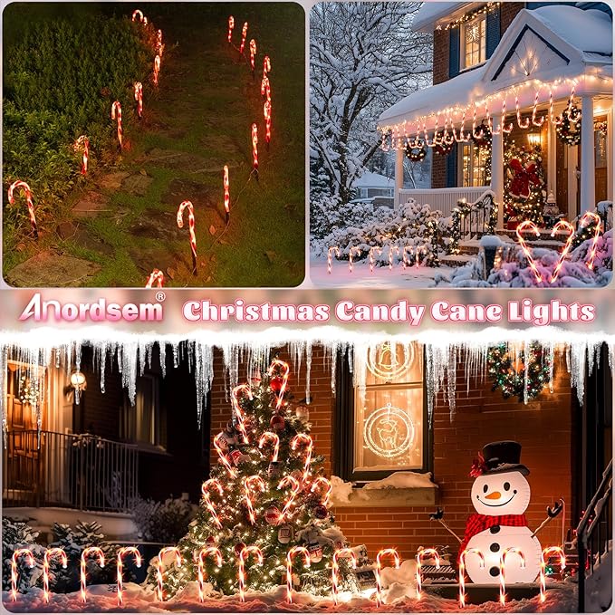 Anordsem Solar Christmas Decorations Outdoor: 24 Pack Candy Cane Pathway Stake Lights - 15" Waterproof LED 8 Lighting Models Yard Garden DIY Decor - 2026 Xmas Gifts for Homeowners