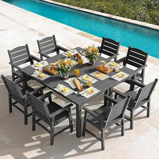 YEFU 10-Piece Patio Dining Sets: All-Weather Outdoor Table and Chairs Outside Furniture with Umbrella Hole & Aluminum Frame - HIPS Modern Patio Dining Set for 8 for Family Gatherings in Deck/Pool Grey