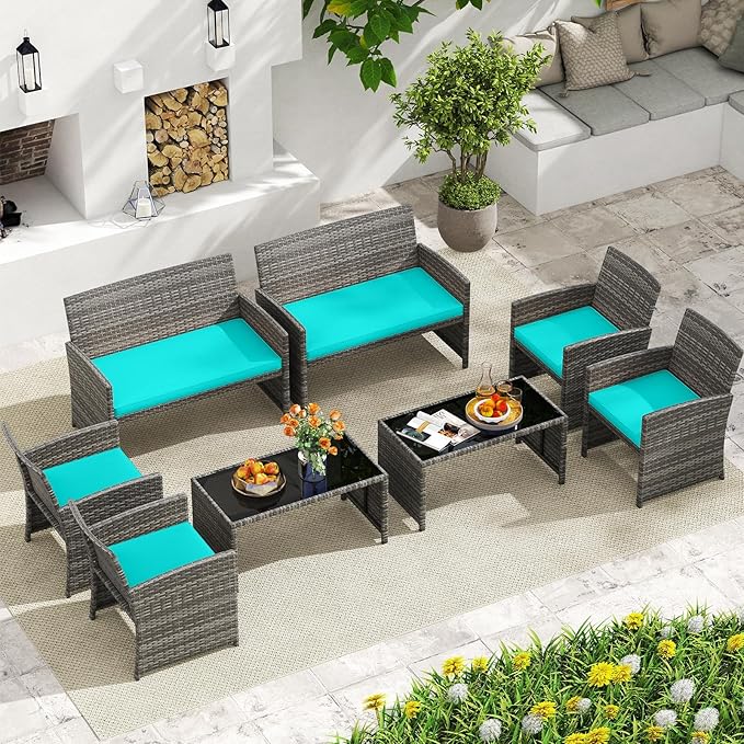 HAPPYGRILL 8 Piece Rattan Wicker Patio Conversation Set, Outdoor Furniture with Chair Loveseat Table & Cushion, for Backyard Porch Balcony (2, Turquoise)