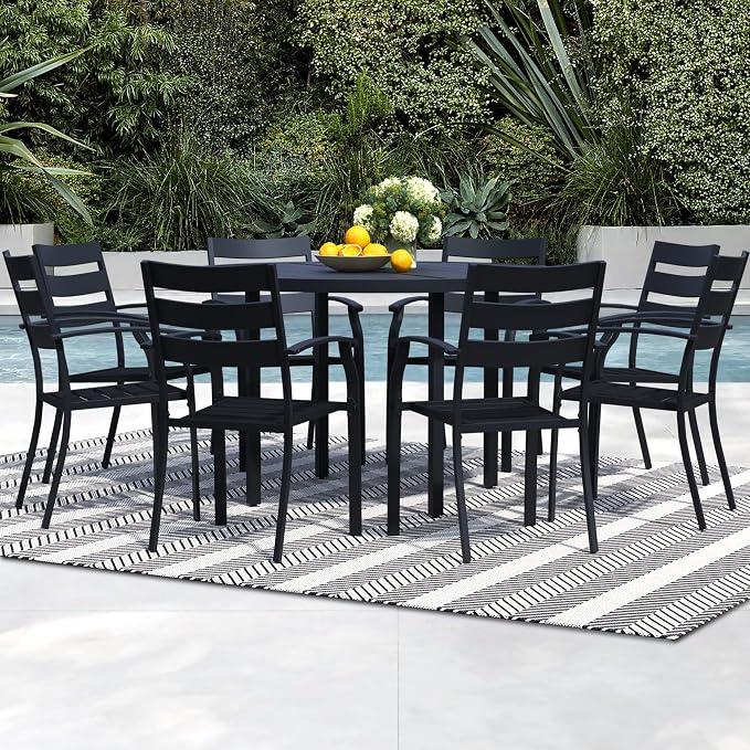 9 Pieces Outdoor Dining Set for 8, 60" Black Metal Round Outdoor Dining Table and 8 Black Metal Stackable Patio Chairs with Arm, Patio Table and Chairs Set for Lawn Garden Backyard