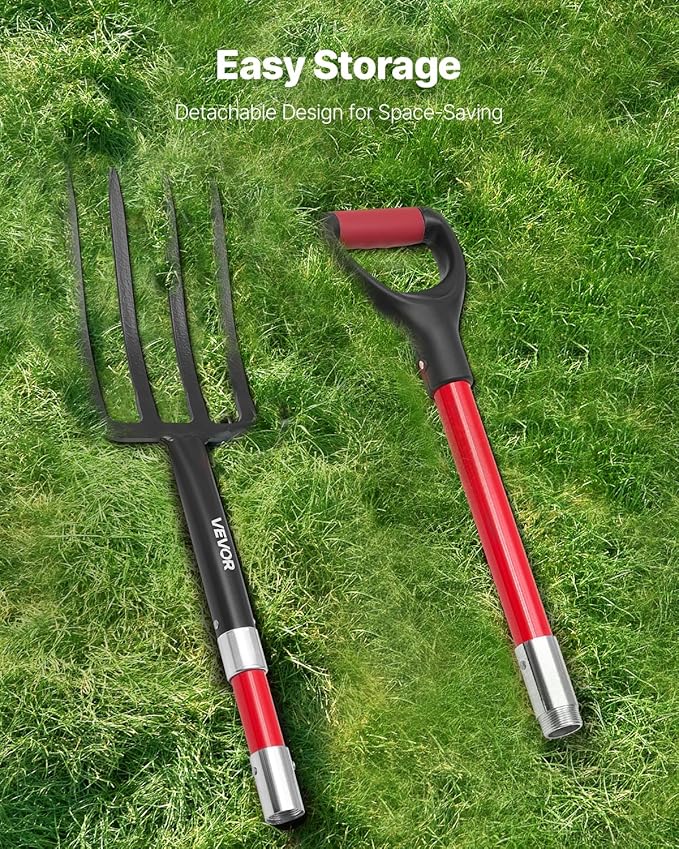 VEVOR Garden Fork, 4-Tine Gardening Pitchfork with Fiberglass Handle, 45 in Heavy Duty Digging Fork with Y Grip, Forged Steel Spading Fork for Hay Potato Composting Transplanting Aeration
