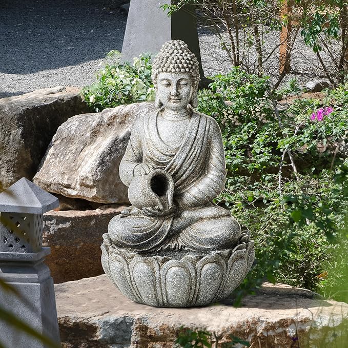 Glitzhome Buddha Fountain Outdoor 20.5" H, 2-Tier Zen Style Concrete Meditating Buddha Statues Water Fountains with Pump & LED Light, Buddhas Floor Fountains Sculpture for Garden Patio Backyard