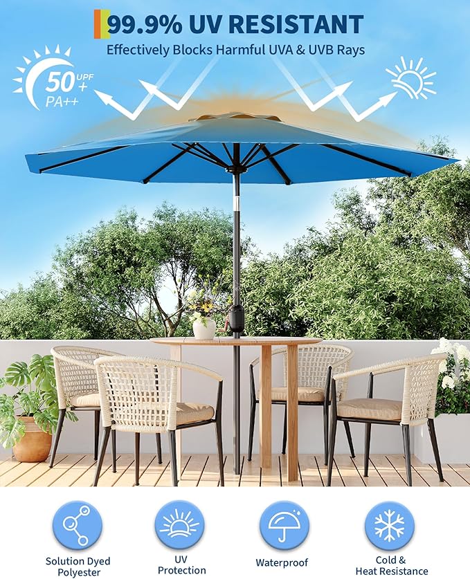 GarveeLife 9 ft Outdoor Patio Umbrella, Outdoor Market Umbrella with Push Button Tilt and Crank, 8 Sturdy Ribs UV Protection Waterproof for Garden, Deck, Backyard, Pool (Sky Blue)