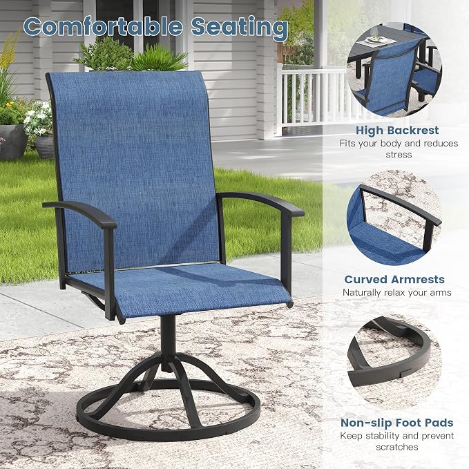 DIFY 7 Pieces Outdoor Dining Set for 6, 53" Black Round Metal Table with Umbrella Hole and Blue Textilene Swivel Patio Chairs, Patio Table and Chairs Set for Garden, Backyard, Poolside