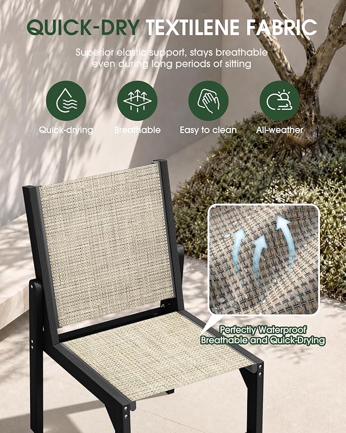 HDPE Outdoor Patio Dining Set with Table & 6 Stackable Armless Textilene Chairs, All-Weather 7-Piece Dining Table Set with Umbrella Hole, Patio Furniture for Garden, Poolside, Backyard, Deck | Black