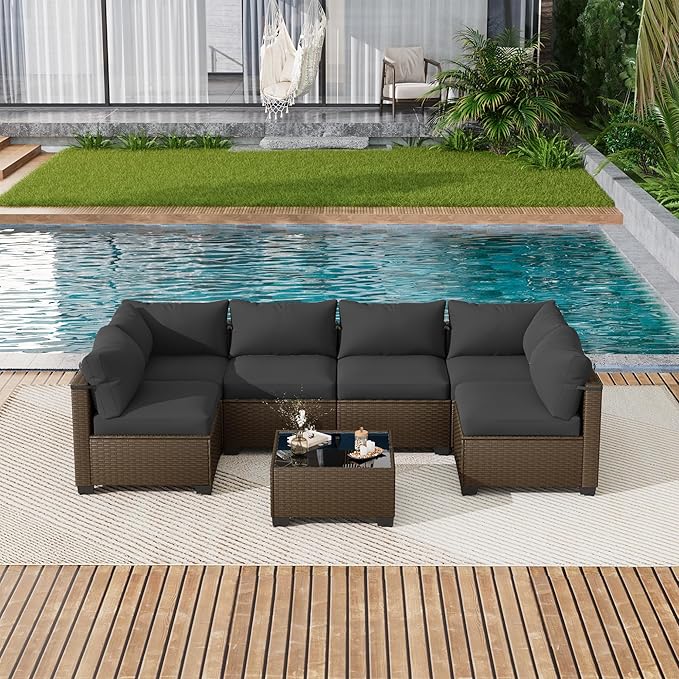 7 Piece Outdoor Patio Furniture Set, Rattan Chairs Glass Table Wicker Conversation Seating Sectional Sofa with Cushions (Brown-Dark Grey, 7Pcs-Straight Back)