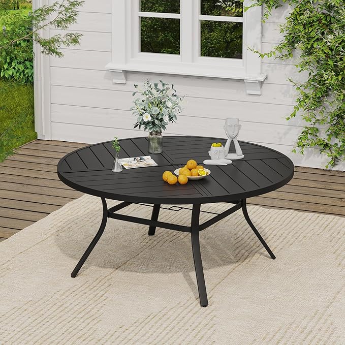 VICLLAX 11 Pieces Round Patio Dining Set, Patio Furniture Set of 10 Patio Stackable Dining Chairs and 63" Outdoor Spliced Tabletop with Umbrella Hole, Brown Chairs and Black Table