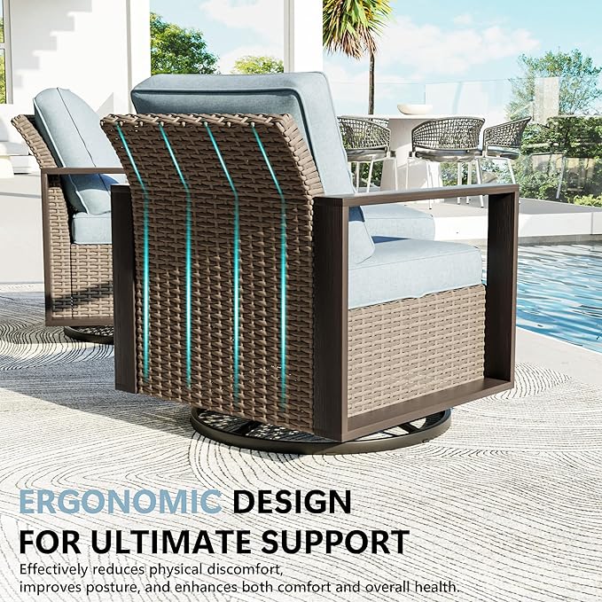Patio Chairs Set of 2, Outdoor Swivel Rocker Patio Chairs, Metal Patio Furniture with Deep Seating, Thicken Cushions for Deck, Porch, Yard Use (Azure, 2 PCS/Swivel)