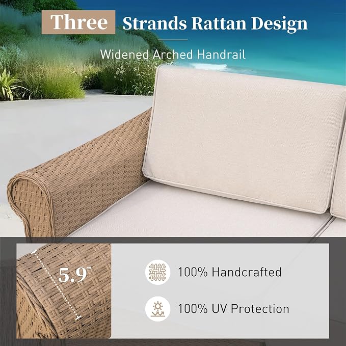 SUNSHINE VALLEY Patio Furniture Set, Sectional Wicker Outdoor Furniture with Fire Pit Table, 5.5" Thick Waterproof Cushion Modular Conversation 5 Pieces Sofa Set for Garden Deck Backyard, Beige