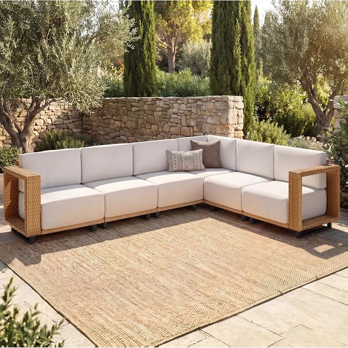 LazySunsets Patio Furniture Set, 6 Pieces Wicker Outdoor Sectional Sofa with 10'' Ultra-Thick Cushions & Ottomans, All-Weather Rattan Conversation Set for Backyard Poolside, Yellow/Beige