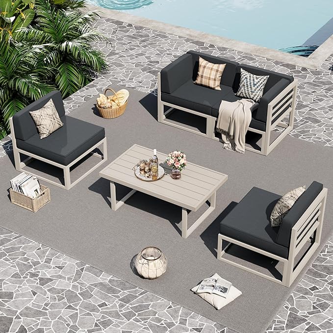 UDPATIO Aluminum Patio Furniture Set, Modular Oversized Outdoor Sectional of Olefin 5 inch Thick Cushion, Coffee Table and Waterproof Cover, Patio Conversation Sets for Porch, Deck