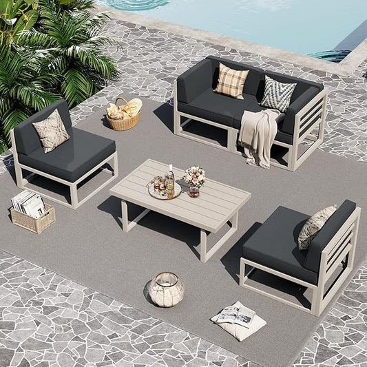 UDPATIO Aluminum Patio Furniture Set, Modular Oversized Outdoor Sectional of Olefin 5 inch Thick Cushion, Coffee Table and Waterproof Cover, Patio Conversation Sets for Porch, Deck