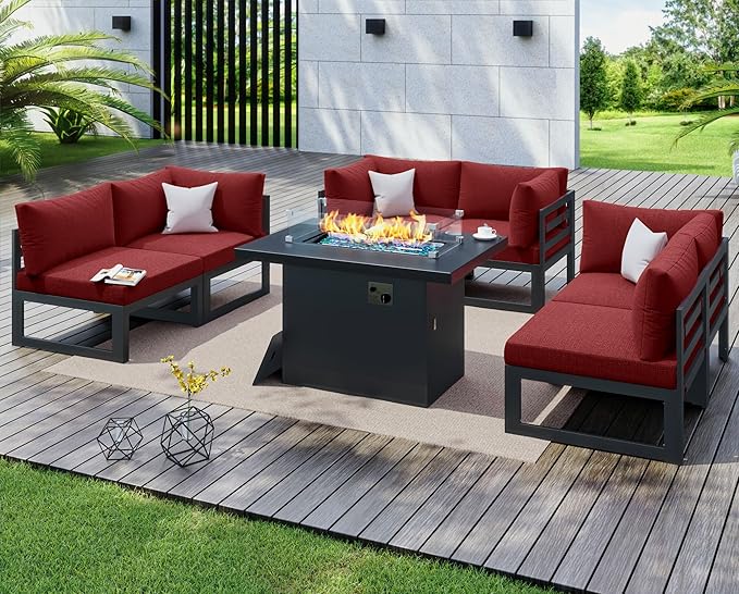NICESOUL 7 Piece Modern Aluminum Patio Furniture Set with Fire Pit Table, 500 lbs Heavy Duty Outdoor Sectional Sofa, 29" Deep Wide Oversized Seating L Shaped Conversation Couch for Garden, Burgundy