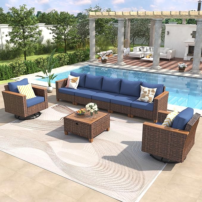 Outdoor Patio Sectional Furniture Set, 8-Piece Wicker Rattan Sofa Set with Thick Cushion, Patio Swivel Rocking Chairs Set of 2 with Acacia Storage Table, Conversation Set for Backyard (Blue+Brown/36)