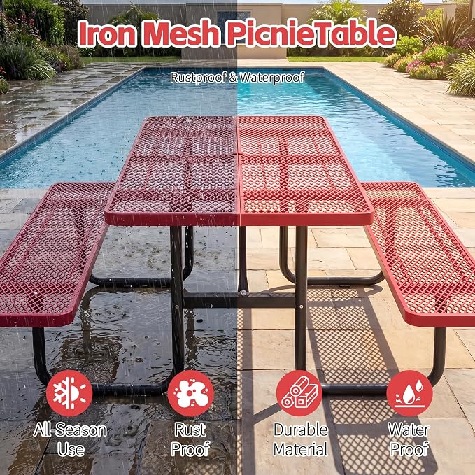 72" Outdoor Rectangular Picnic Table with Umbrella Hole, Heavy Duty Commercial Grade Steel Camping Table for Backyard Patio Deck, Weather-Resistant Red Metal Mesh
