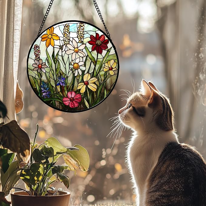 DASTOLL Stained Glass Window Hanging, Colorful Wildflowers Plant Scenery Suncatcher for Doors Window Home White Green Sun Catchers Decor Mother's Day Birthday Gifts for Women, Men Mom 6.3 in