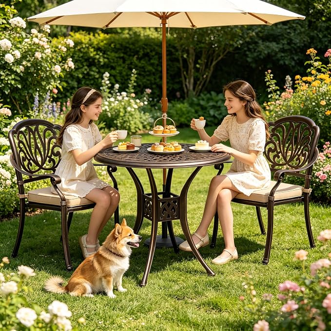 34.5" Outdoor Bistro Table - Round Cast Aluminum Small Patio Side Tables, Outdoor End Table All Weather Furniture with Umbrella Hole and Antique Design for Balcony Yard Porch Garden Bronze