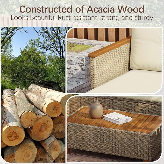 Patio Furniture Set Small Rattan Conversation Set, 3 Piece Wicker Outdoor Sectional Chaise Longue with Acacia Wood Coffee Table,L-Shaped Sofa Couch for Deck Garden Balcony, Beige