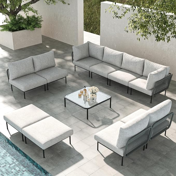 LayinSun 11 Pieces Aluminum Patio Furniture Set, Modern Modular Sectional Sofa with Coffee Table and Upgrade Thickness Cushion