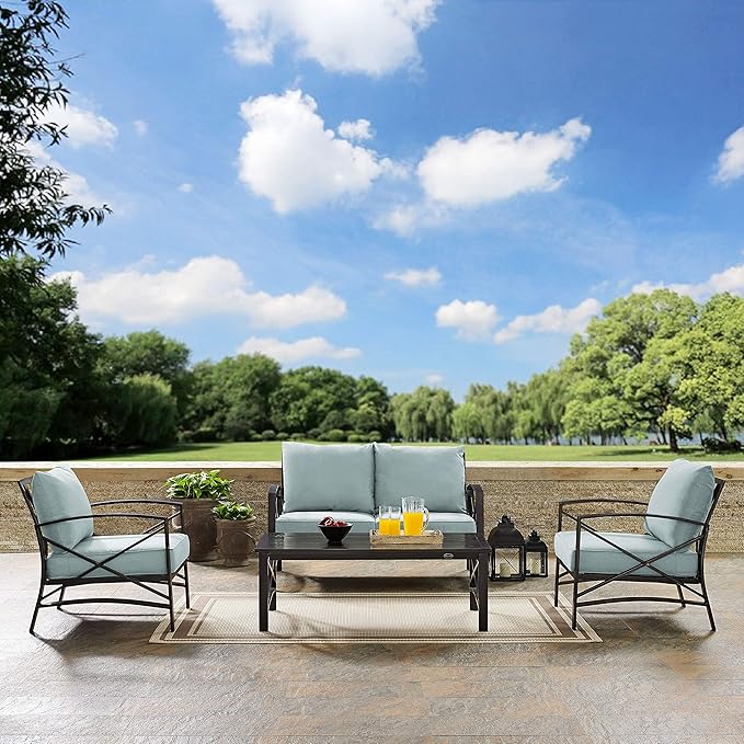 Crosley Furniture Kaplan 4-Piece Outdoor Loveseat Patio Furniture Set, Conversation Sets for Porch, Deck, Oiled Bronze with Mist Cushions