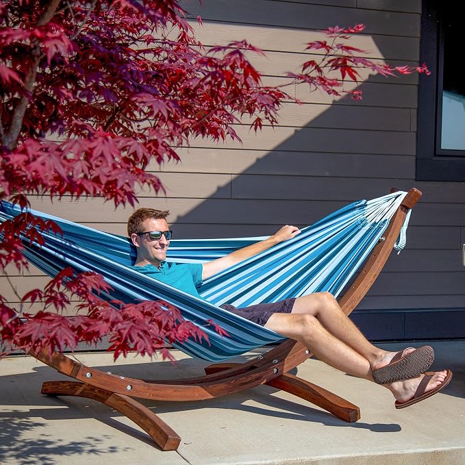 Vivere Double Cotton Hammock with Solid Pine Arc Stand - 450 lb Capacity, Durable FSC Wood Frame, Comfortable 87 Bed, Includes Hardware & User Guide (Blue Lagoon)