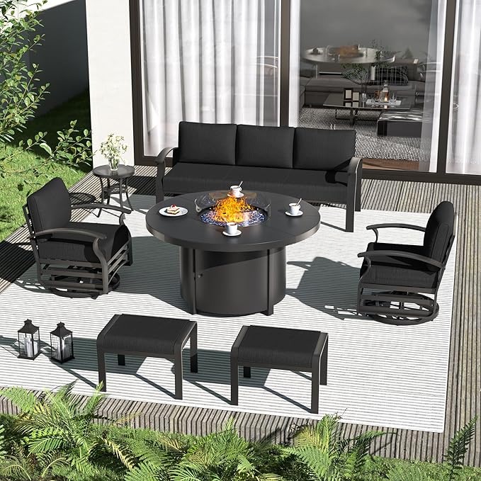 ALAULM Aluminum Patio Furniture Set with Round Propane Fire Pit Table 7-seat Metal Outdoor Furniture w/Swivel Chairs & 2 Ottomans Patio Sectional Sofas for Patio, Lawn, Poolside（Black