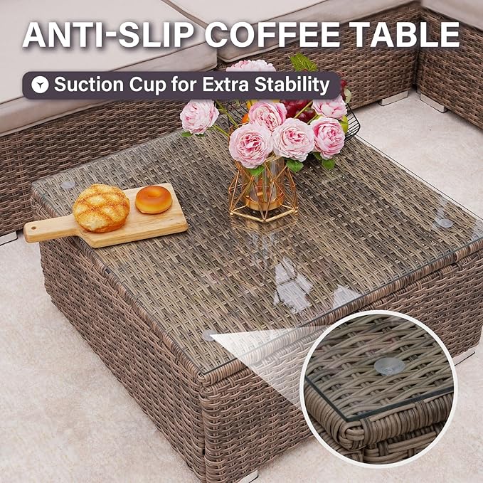 7-Piece Outdoor Patio Furniture Set – Handwoven All-Weather Rattan & 4” Thick Waterproof Cushions, Wicker Outdoor Conversation Sets with Coffee Table for Deck, Backyard, Garden, Beige/Brown