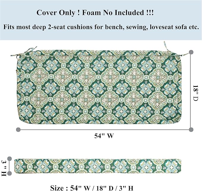 FUNHOME Outdoor Bench Cushion Covers,54" x 18" x 3", No Insert! Patio Bench Cushion Covers for Outdoor Furniture,Water Resistant Patio Loveseat Cushion Covers 1 Pack, Green Medal(Covers ONLY)