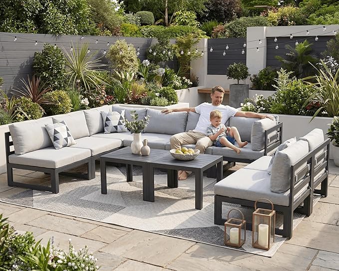 NICESOUL Oversized Modular Aluminum Outdoor Furniture Set, 29" Deep Wide Sectional Seating Set of 10, 500 lbs High Weight Capacity Water Resistant Patio Conversation Set for Garden Deck, Light Gray