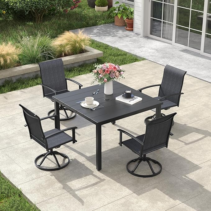 VICLLAX 5 Pieces Patio Dining Set, Patio Furniture Set of Metal Outdoor Table with Umbrella Hole and 4 Swivel Patio Chairs for Backyard Lawn, Charcoal & Black