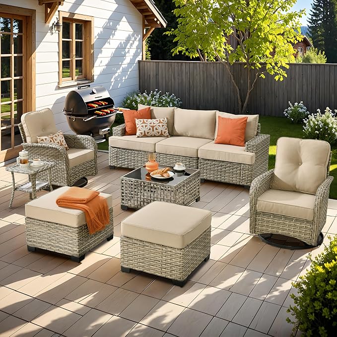 9 Pcs Outdoor Sectional Patio Furniture Set with Swivel Rocking Chair and Ottomans - All Weather Wicker Outside Sectional Couch,Patio Seating Outdoor Conversation Sets for Deck Yard Garden,Beige