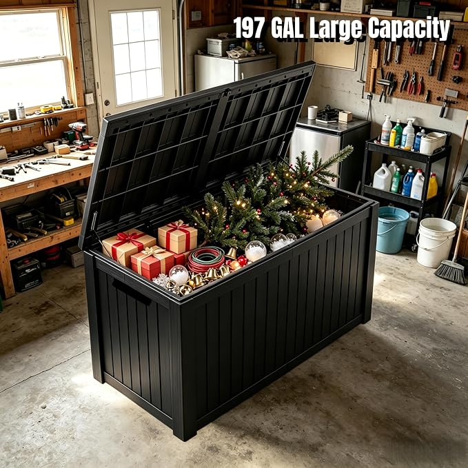 MAKINO 197 Gallon Large Resin Outdoor Storage Box, Waterproof Deck Box, Lockable Deck Container with Reinforced Support, Outdoor Chest for Patio Accessories, Outdoor Cushions, Garden Tools, Black