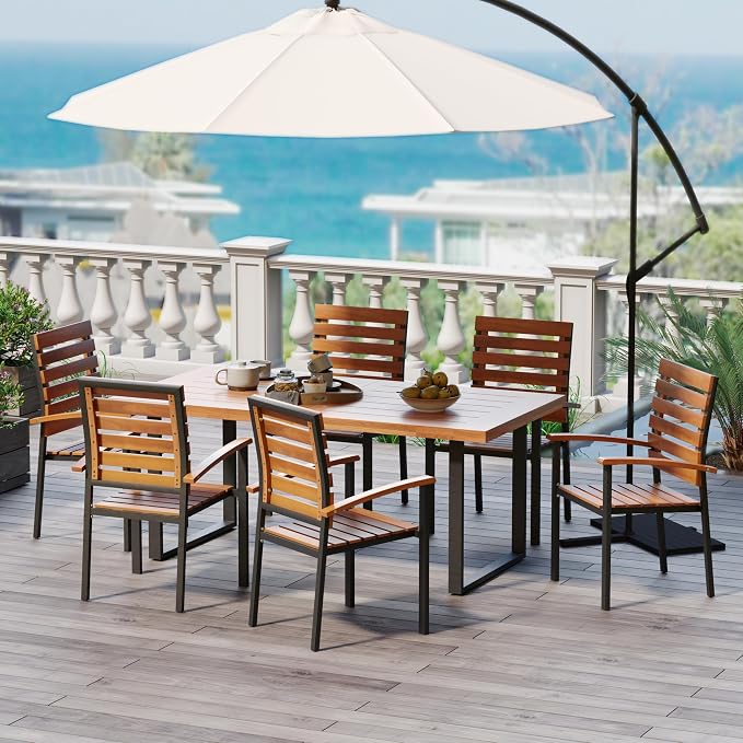 WiberWi 7 Piece Outdoor Dining Set for 6, Acacia Wood 59.1" Patio Table and Chairs Set with Metal Frame, Patio Dining Furniture Set for Garden, Balcony, Backyard, Poolside, Brown & Black