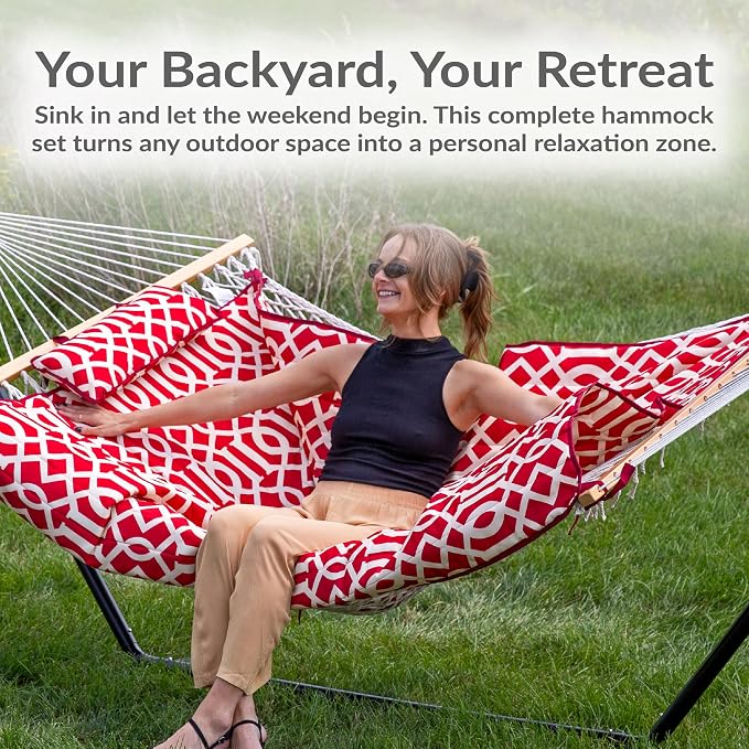 Sunnydaze Rope Double Hammock with Stand for Outside - Heavy Duty Freestanding Portable Outdoor Hammock Set with Quilted Pad, Pillow, and 12-Foot Steel Frame - 450 lb Capacity - Royal Red