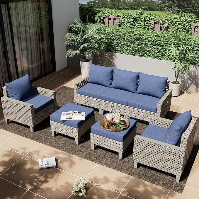Outdoor Patio Furniture Set 7-Piece Modular Wicker Sectional Sofa with Ottomans and Thick Cushions, Modern Rattan Outdoor Conversation Couch for Garden Backyard, Navy