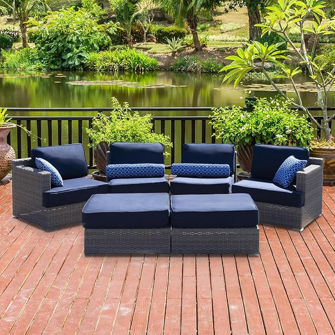 Vanity Art High-Density Polyethylene (HDPE) Wicker 6 Piece Outdoor Furniture Conversation Sofa Set | Patio Couch with Cushion, and Back Rest Pillow for Balcony Backyard, Garden, Fully Assembled