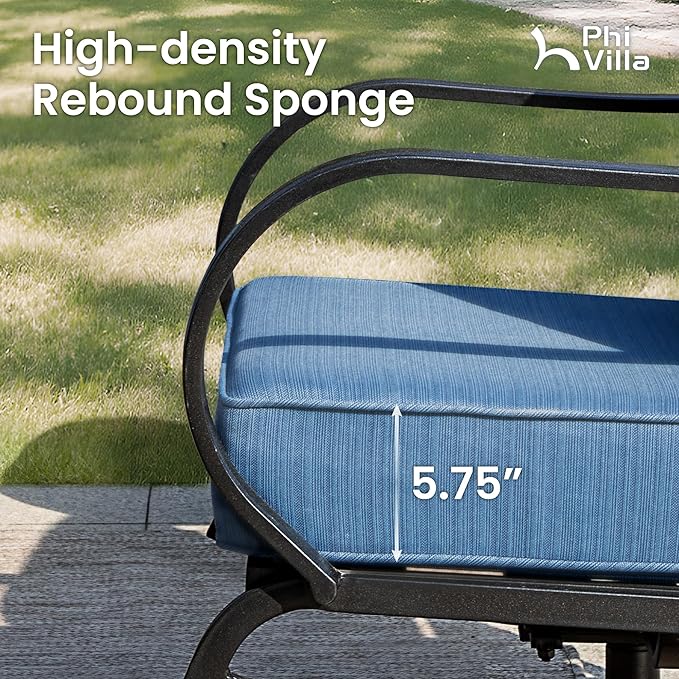 PHI VILLA 4 Piece Patio Furniture with FirePit Table, Metal Outdoor Furniture Set with 3-Seat Wide Deep Seating Bench & 2 x Swivel Sofa Chairs,Outdoor Conversation Set for 5, Peacock Blue