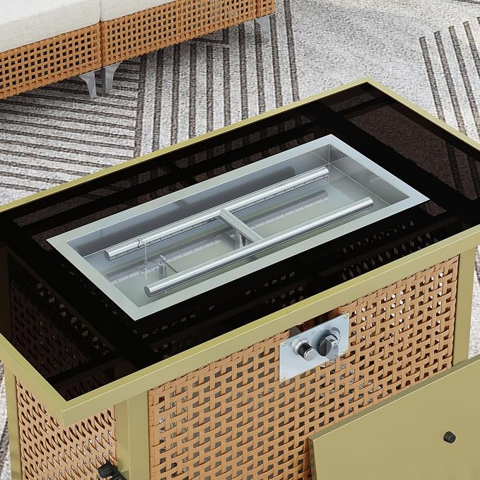 43" Propane Gas Fire Pit Table, 60000 Btu Rectangular Open Weave Wicker Fire Pit with Glass Wind Guard for Outside Patio Deck Garden Backyard - Orange & Mustard Yellow