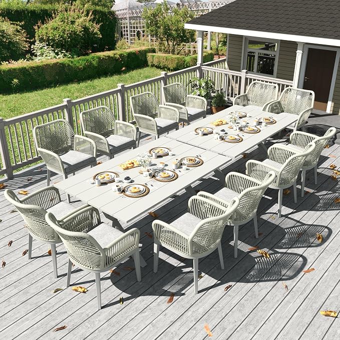 LayinSun Outdoor Dining Set for 12, 14 Pieces Patio Furniture Sets with Aluminum Dining Table and Rope Weave Chairs