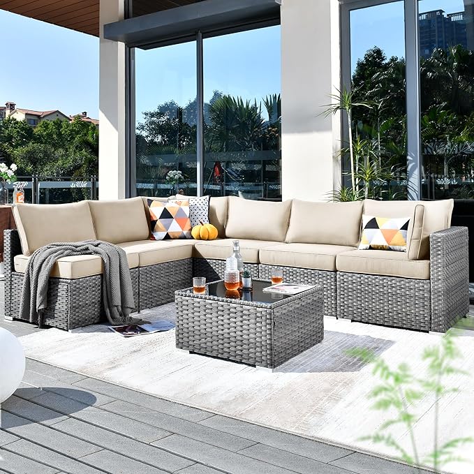 ovios Outdoor 7 Piece Coversation Set with Coffee Table,Sectional Patio Furniture Set with All-Weather Wicker Sofa,Modern Outside Couch for Balcony Backyard Pool, Beige